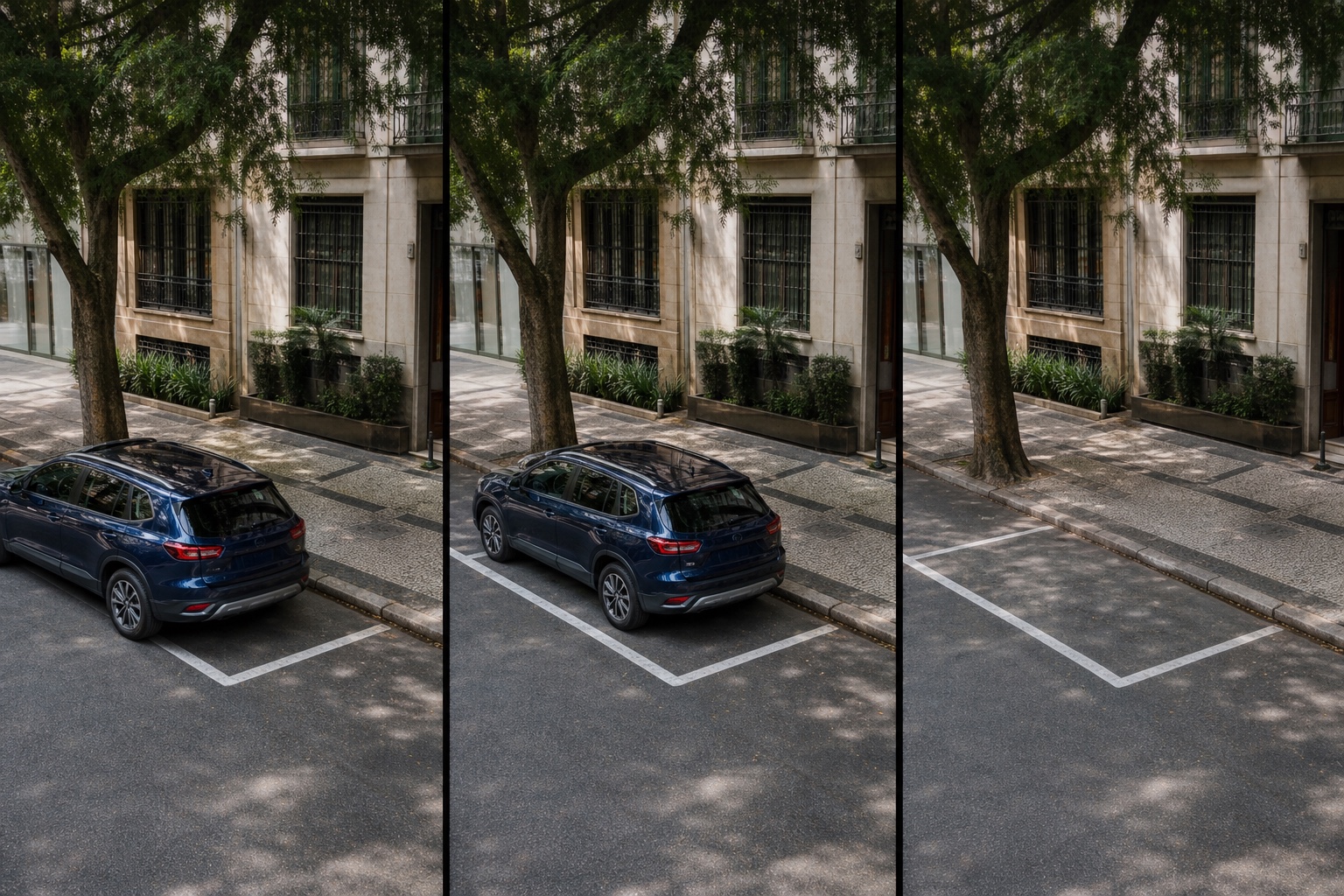 Three records from the same viewpoint show a vehicle arriving, parked and the space free after departure
