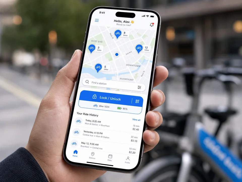 Aplicativo móvel ilustrando localização e acesso a estações Bikeep