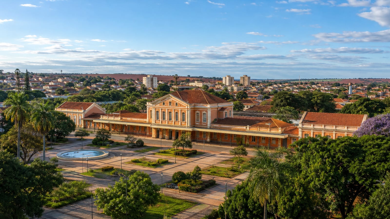 Ilustração fotorealista da estação ferroviária histórica, da praça e da paisagem urbana de Araraquara, São Paulo
