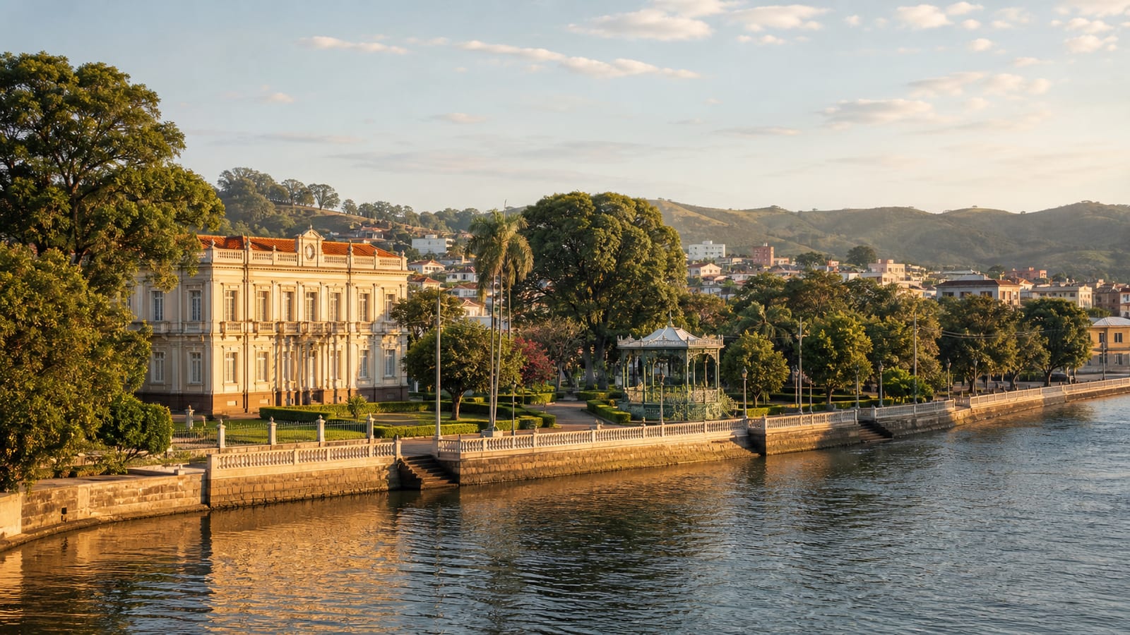 Ilustração fotorealista do Palácio Barão de Guapy, do Parque Centenário e da Beira-Rio em Barra Mansa, Rio de Janeiro