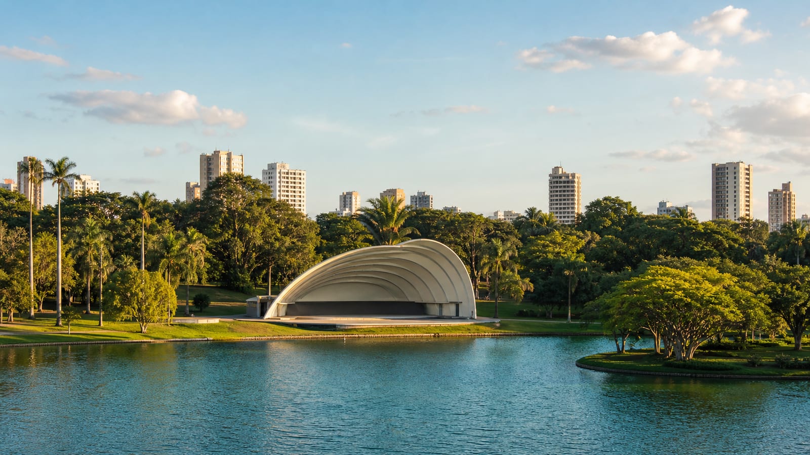 Ilustração fotorealista do lago e do anfiteatro do Parque Vitória Régia em Bauru, São Paulo