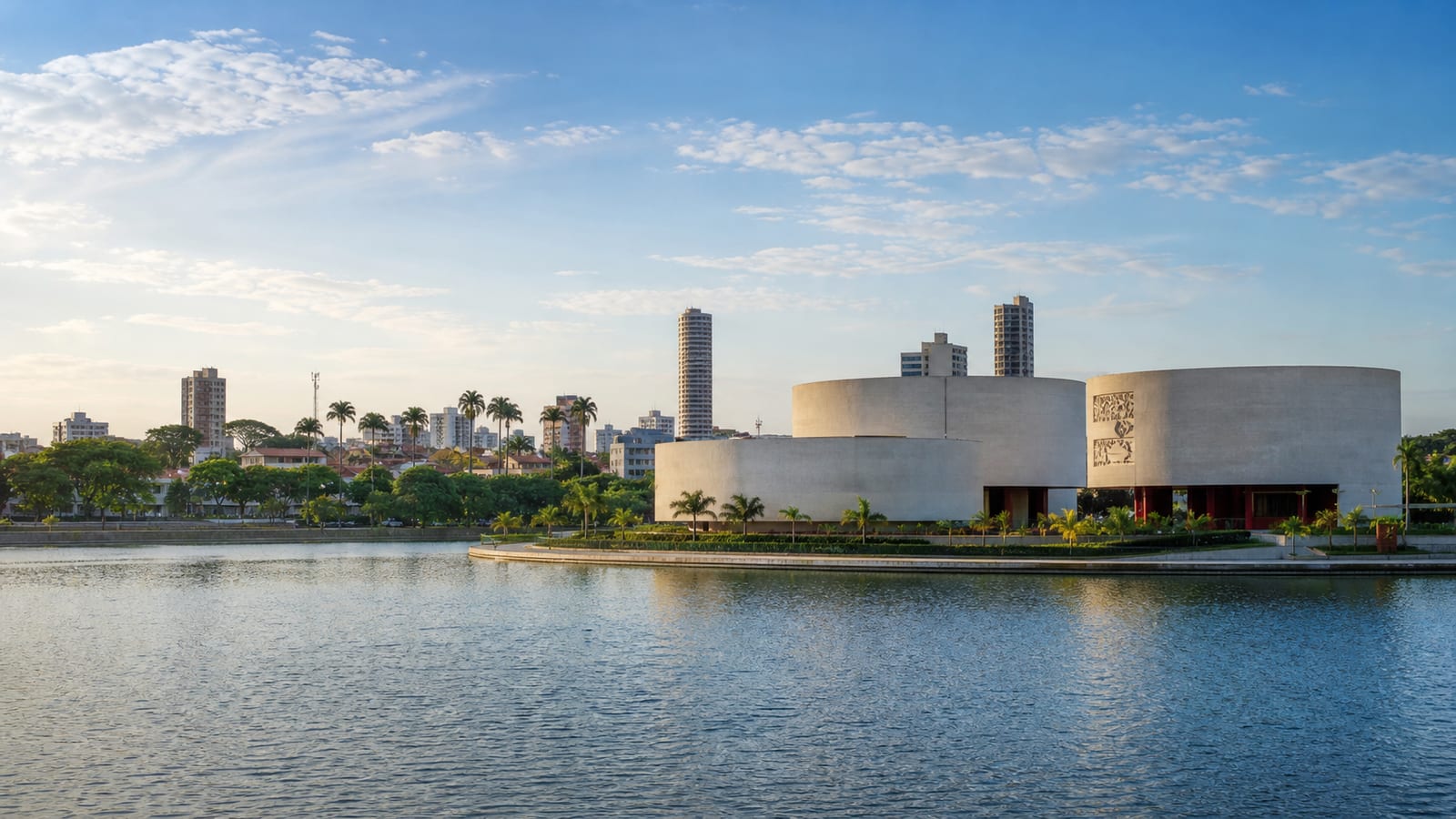 Ilustração fotorealista do Açude Velho e do Museu de Arte Popular em Campina Grande, Paraíba