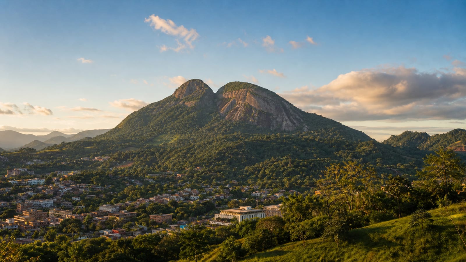 Ilustração fotorealista do Monte Mochuara e da paisagem verde urbana de Cariacica, Espírito Santo. Imagem de contexto, sem relação probatória com a implantação.