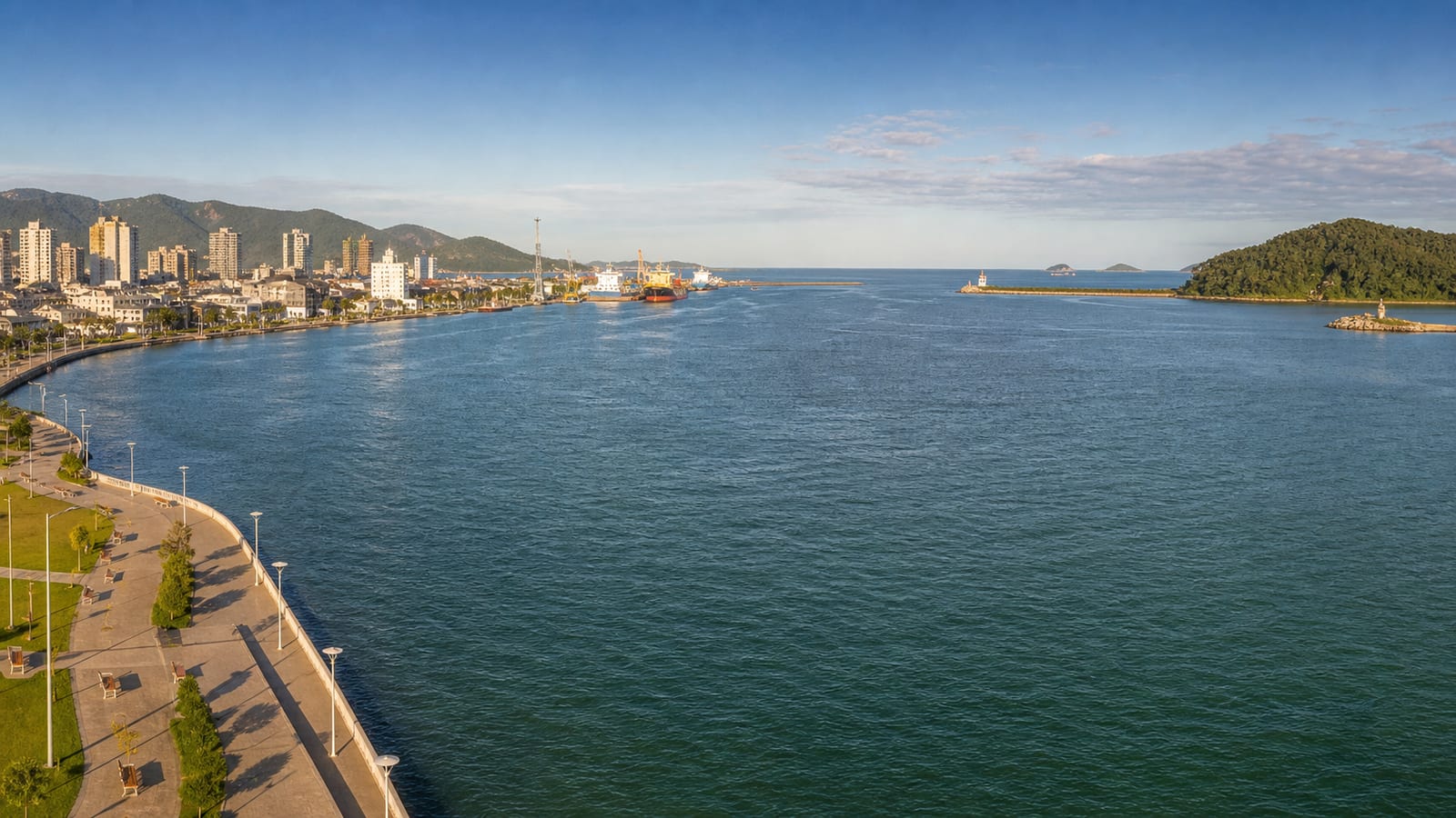 Ilustração fotorealista do rio Itajaí-Açu, da orla e do porto de Itajaí, Santa Catarina. Imagem de contexto, sem relação probatória com a implantação.