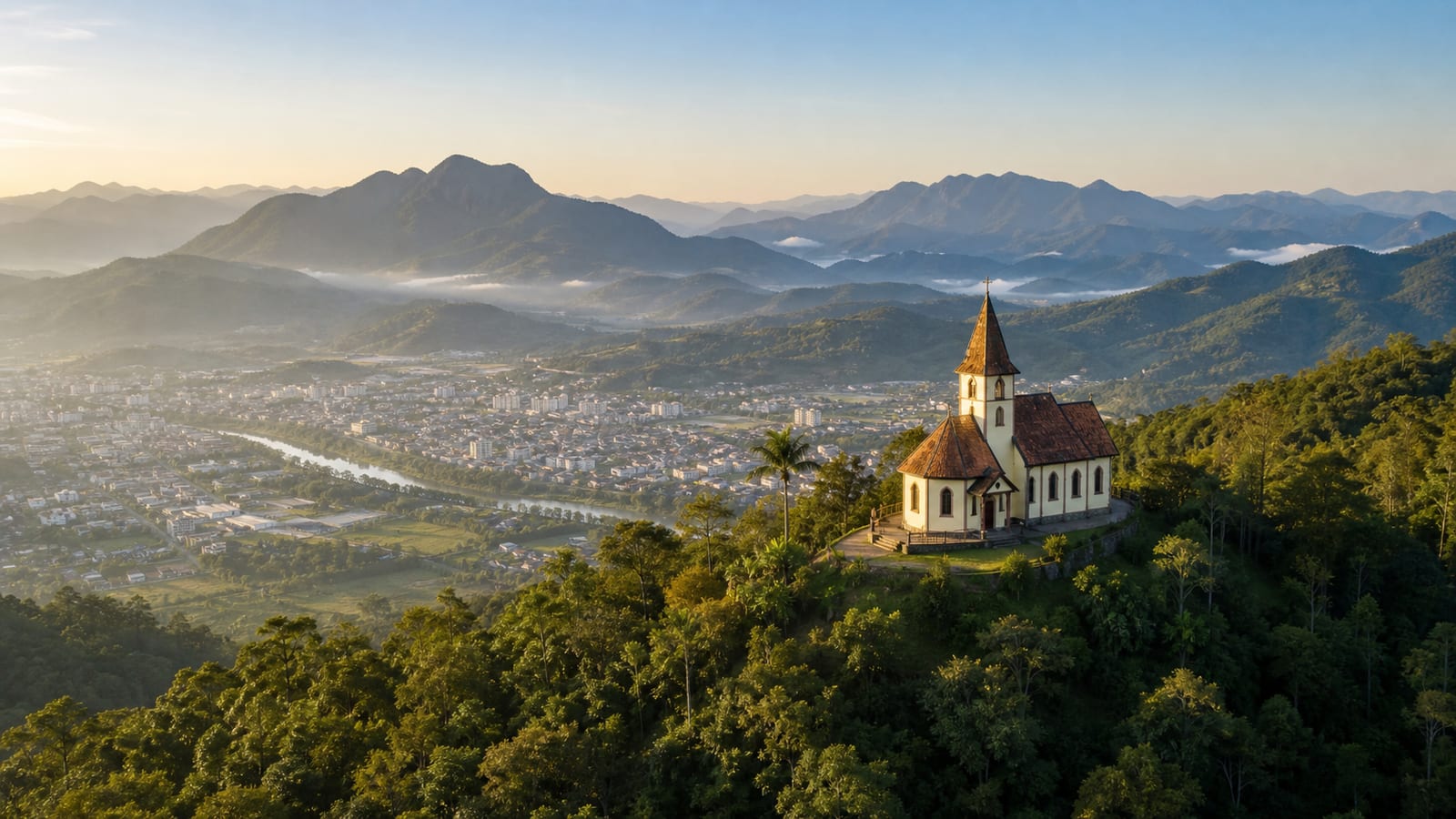 Ilustração fotorealista da Chiesetta Alpina no Morro Boa Vista e do vale de Jaraguá do Sul, Santa Catarina