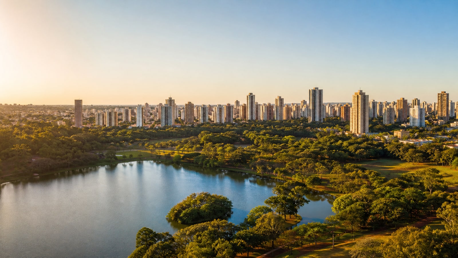 Ilustração fotorealista do Parque Curupira e da paisagem urbana de Ribeirão Preto, São Paulo. Imagem de contexto, não uma fotografia da implantação.