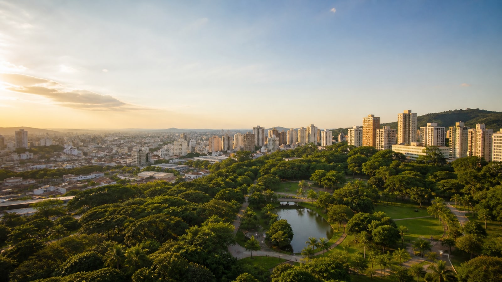 Ilustração fotorealista do Parque Central e da paisagem urbana de Santo André, São Paulo. Imagem de contexto, sem relação probatória com a implantação.