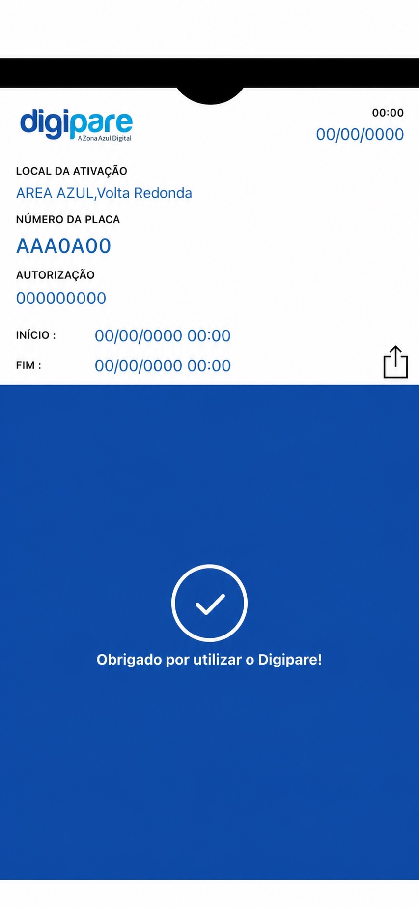 Comprovante real anonimizado de uma ativação no Digipare