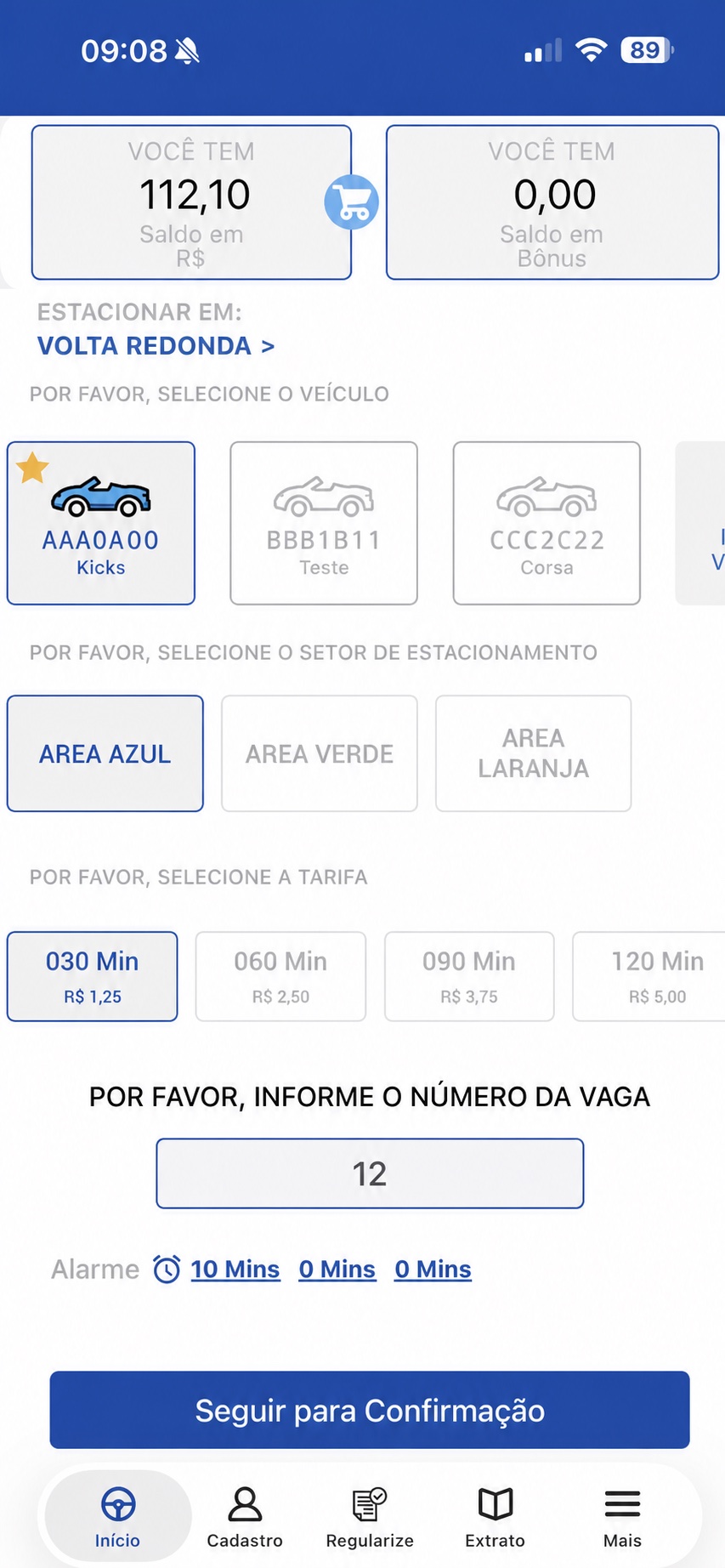 Tela real anonimizada do Digipare para escolher cidade, veículo, setor, período e vaga