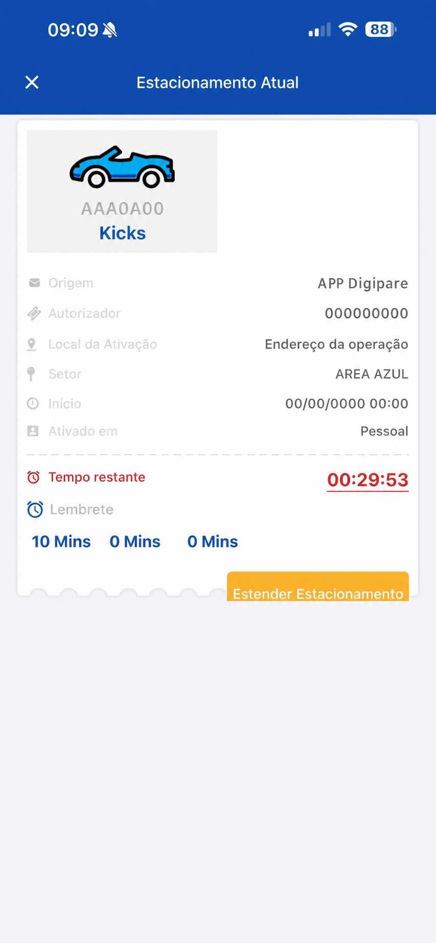 Tela real anonimizada do Digipare com os dados e o tempo restante do estacionamento