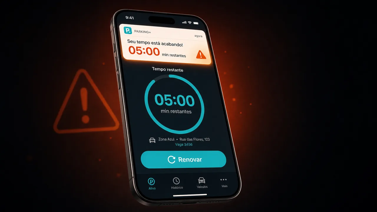 Notificação push do Digipare alertando que o tempo de estacionamento está expirando com botão de renovação