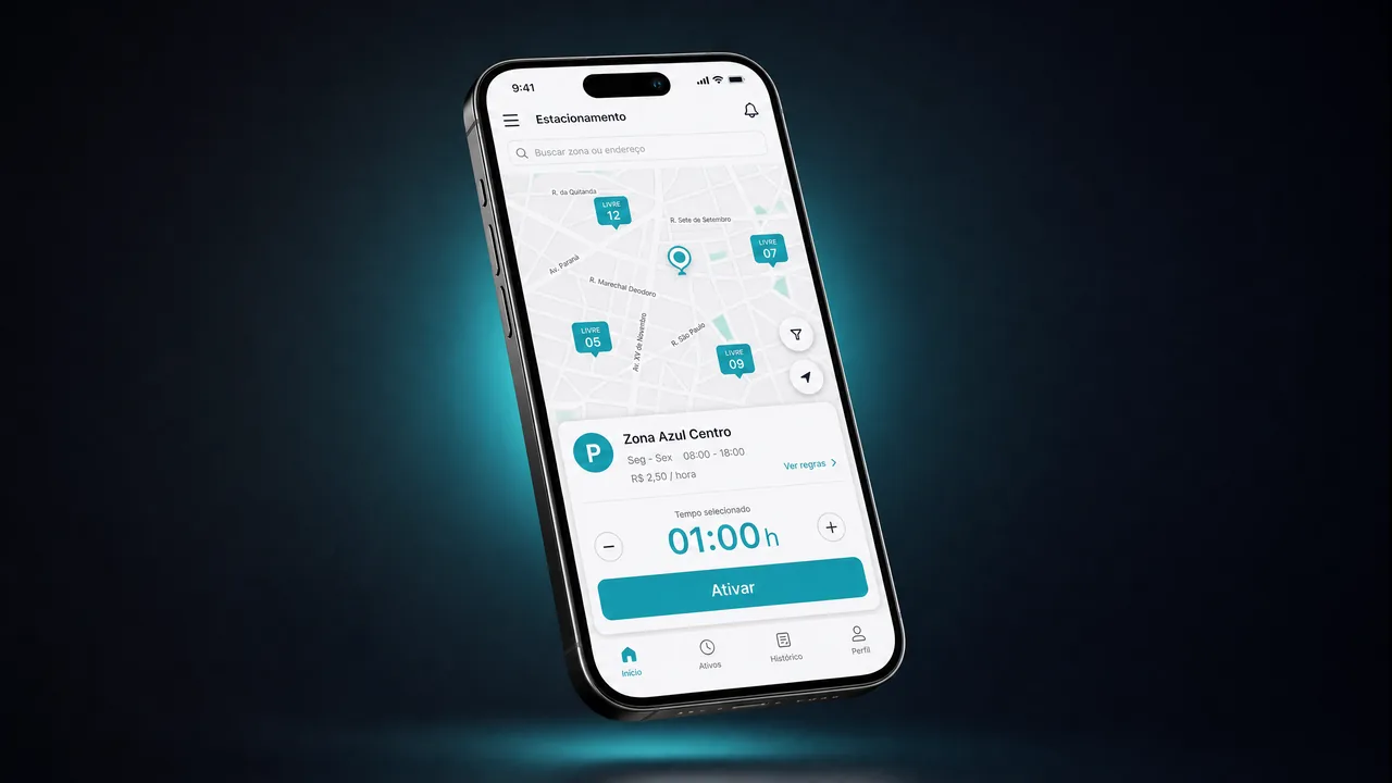 Interface do app Digipare mostrando mapa com vagas disponíveis, seleção de zona e botão Ativar