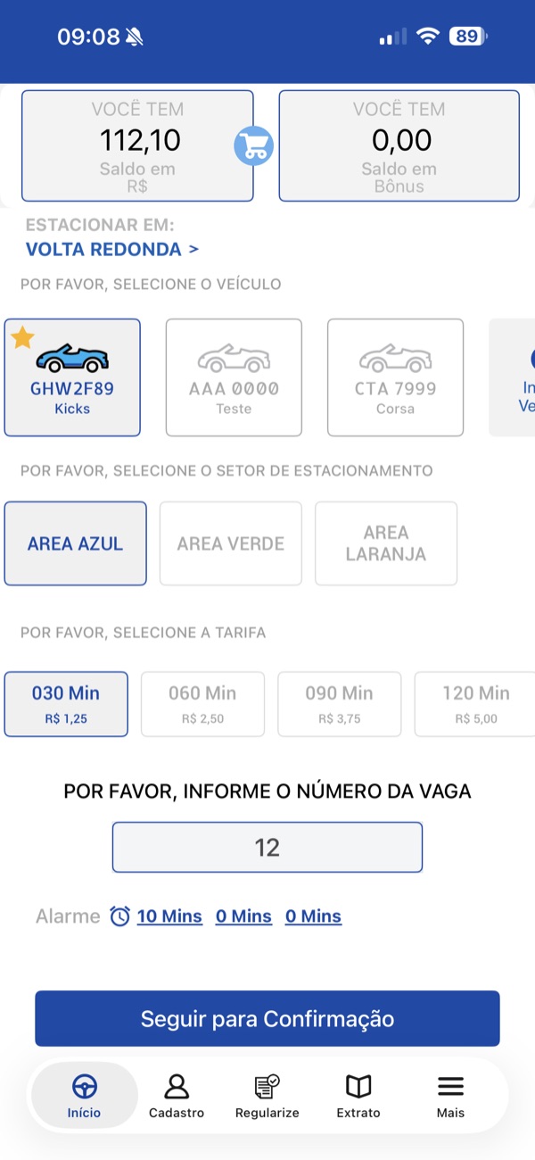 Tela do app Digipare para ativar a Zona Azul: escolher veículo, setor, tarifa e vaga