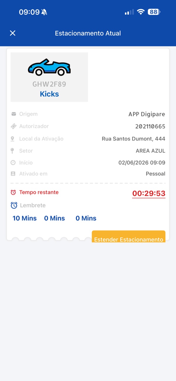 Notificação push do Digipare alertando que o tempo de estacionamento está expirando com botão de renovação