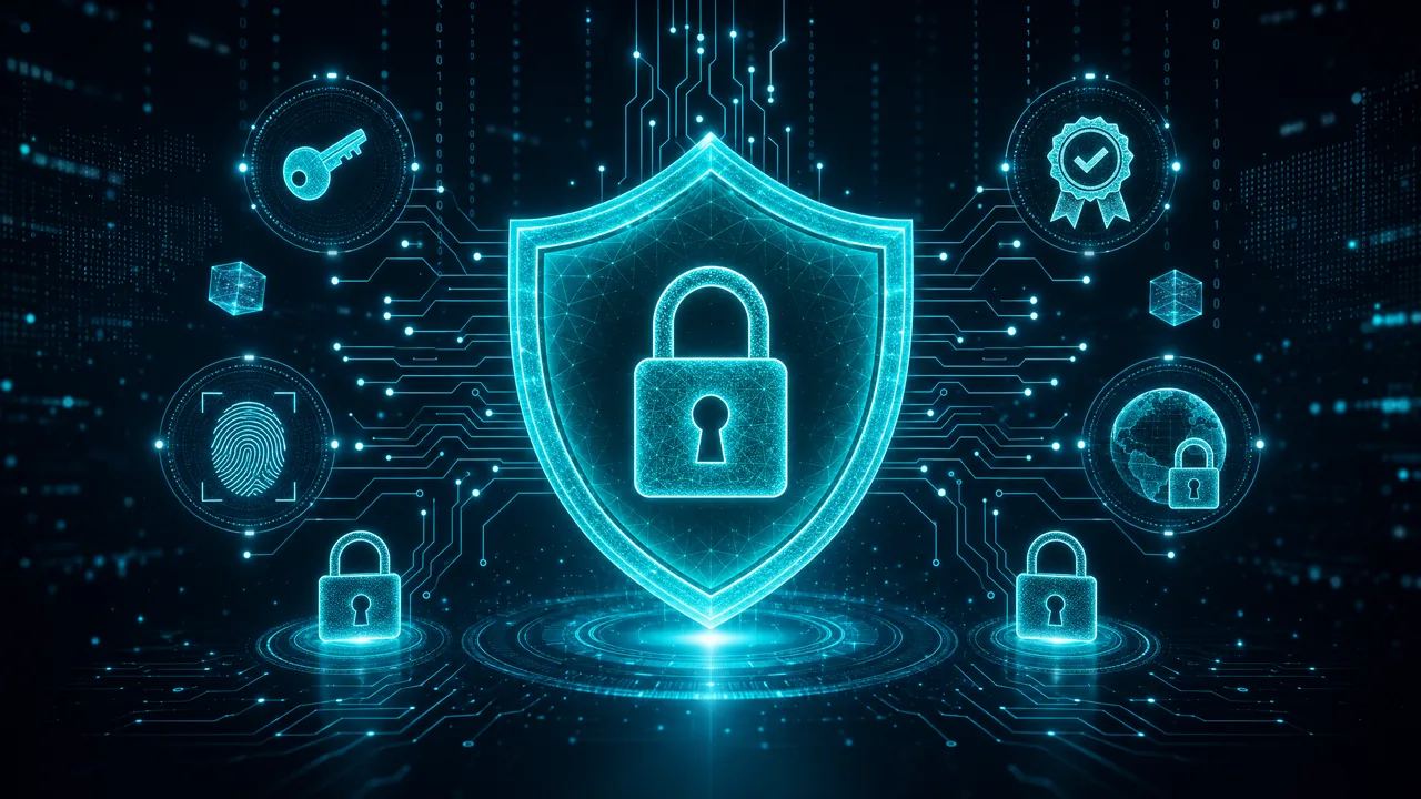 Visualização de segurança digital com escudo, cadeado e elementos de criptografia representando certificações ISO 27001 e PCI DSS