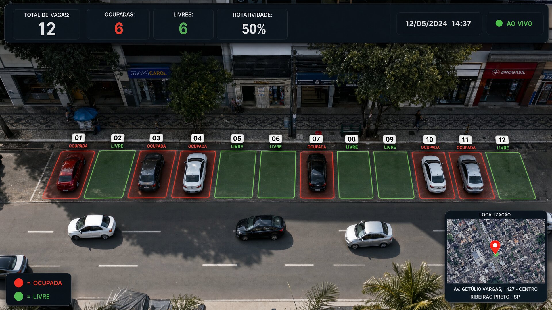 Vista aérea de Zona Azul Inteligente monitorada pelo Olho Vivo Parking