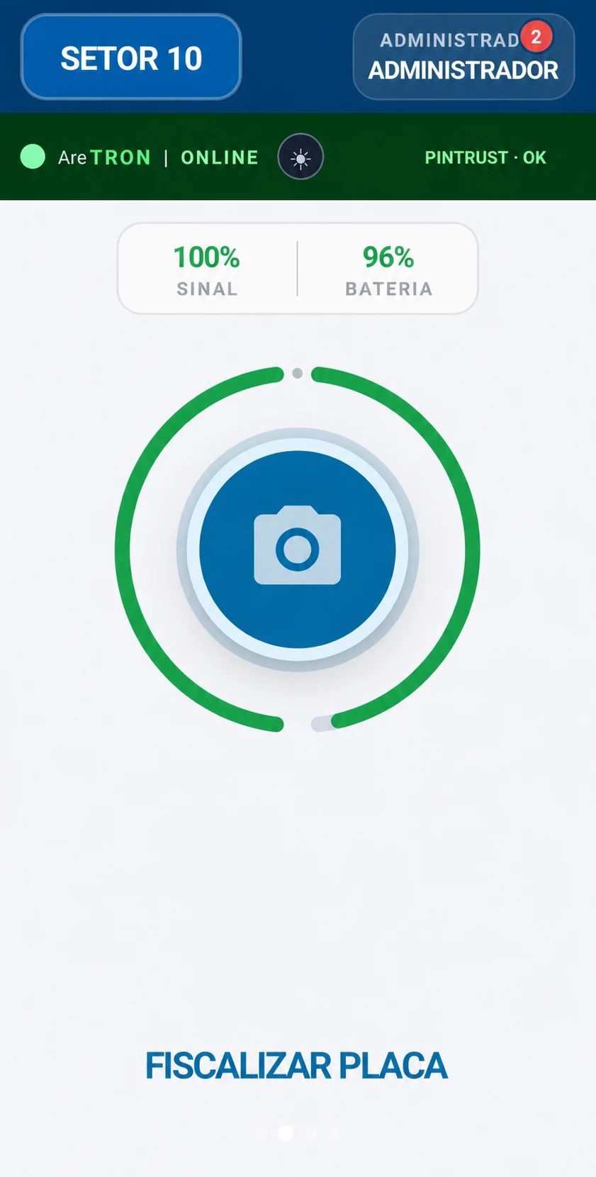Tela do PDA com Aretron online, Pintrust OK e ação de fiscalização de placa