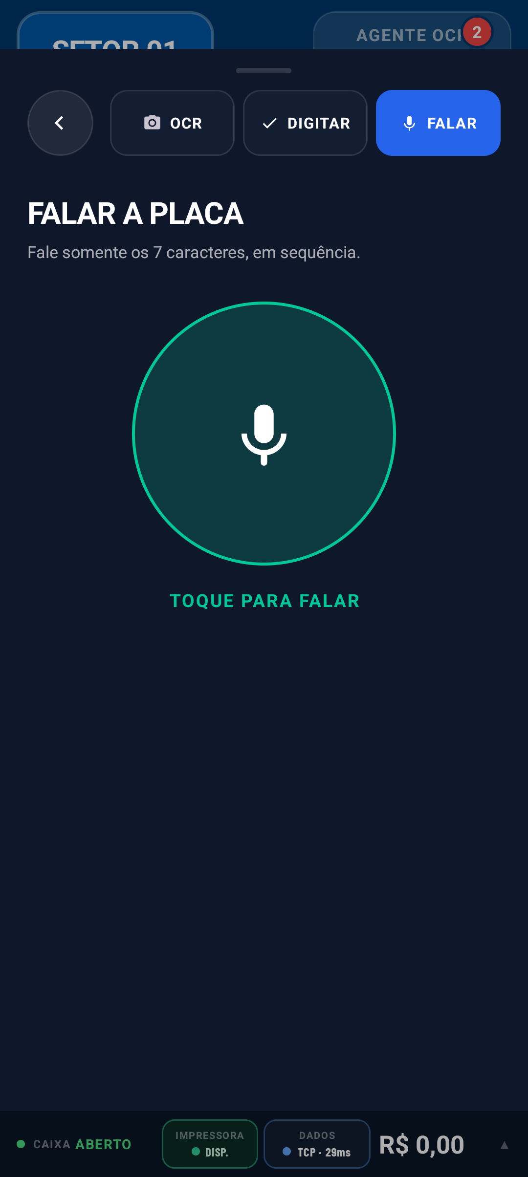 Pantalla real de ingreso de matrícula por voz en el Talonario Electrónico