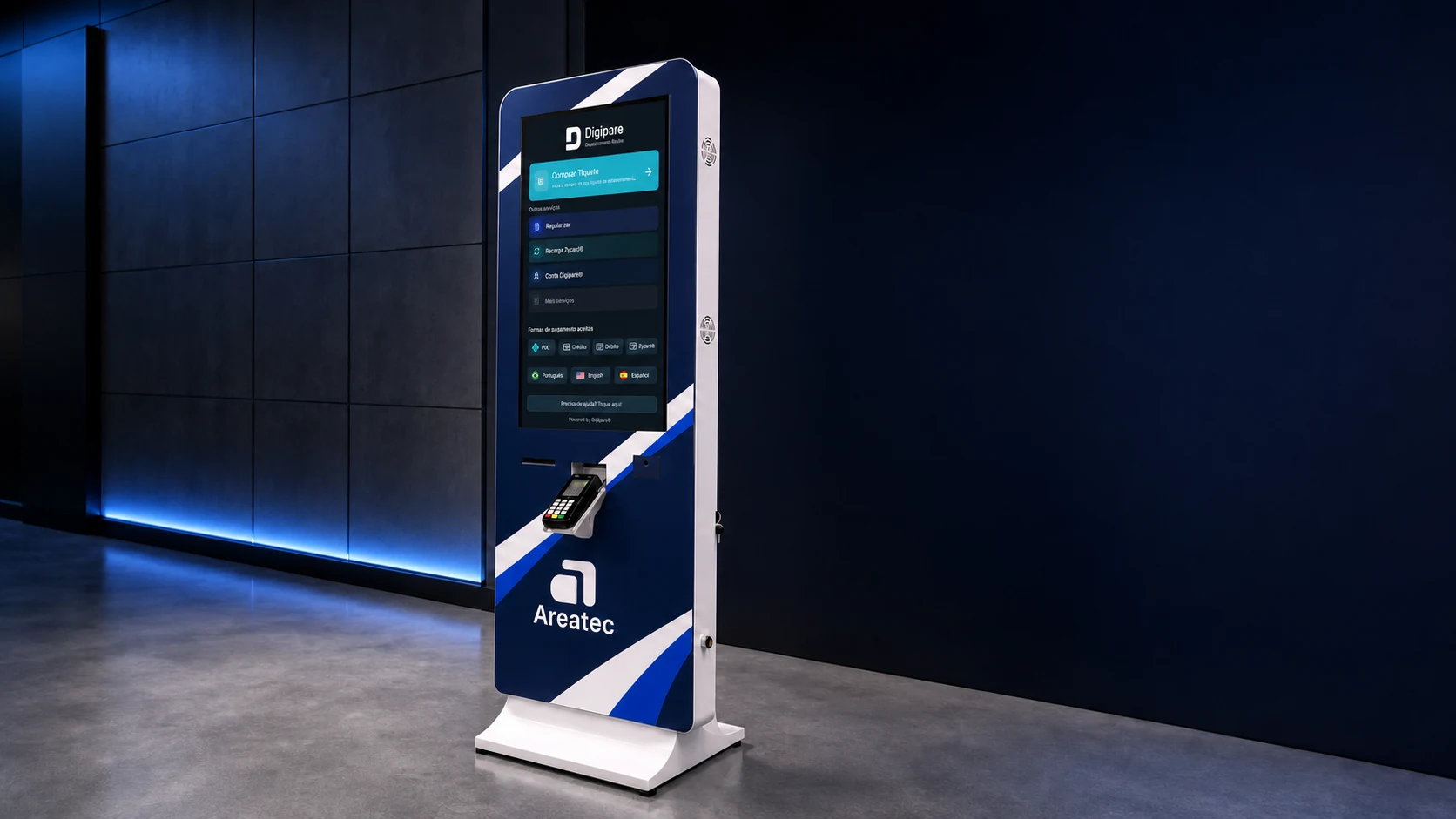 Totem Indoor Areatec de 32 polegadas exibindo a interface Digipare