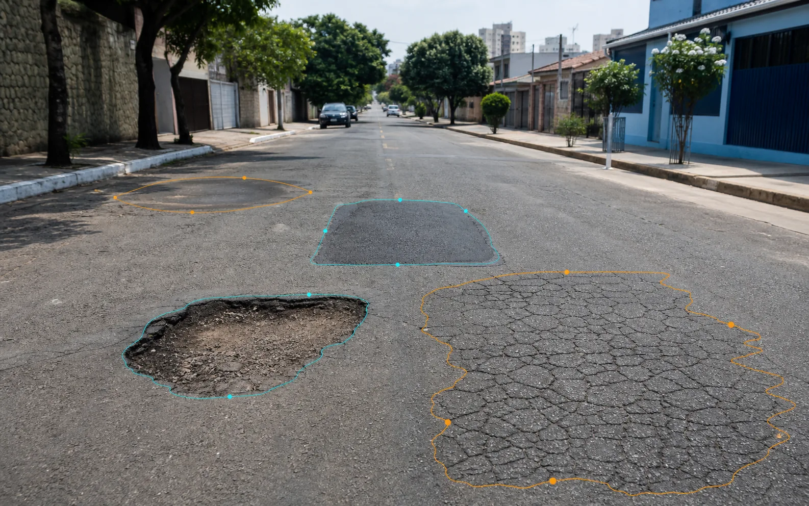 Demonstração visual de indícios de buraco, trinca, remendo e alteração de superfície em uma via urbana