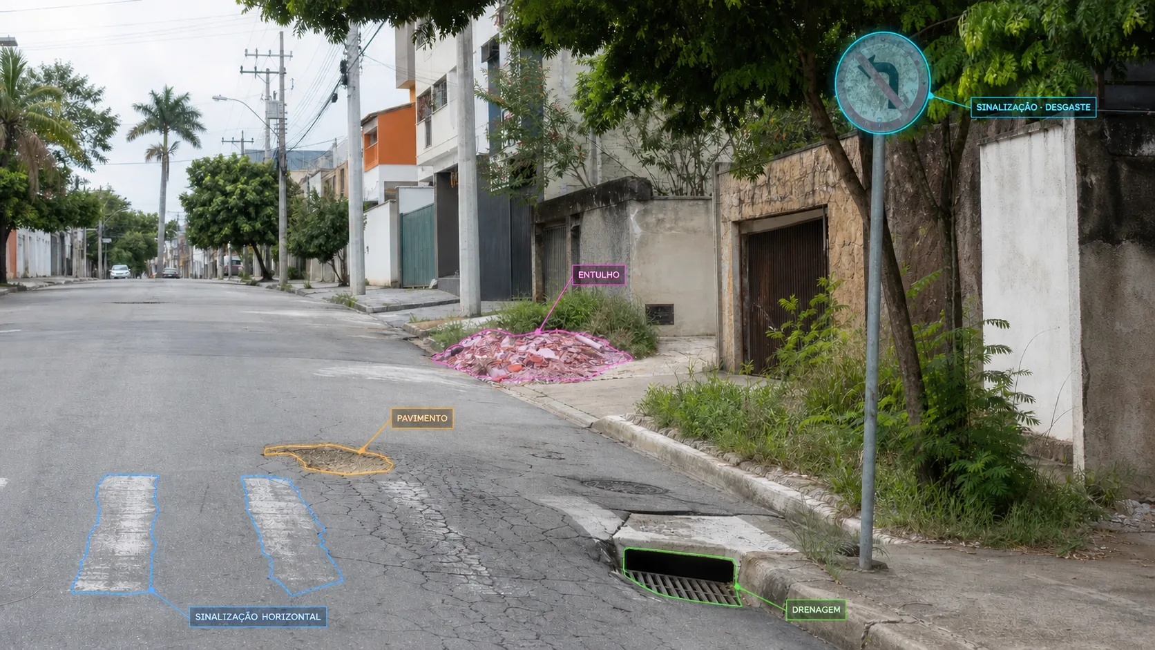 Via urbana com desgaste de sinalização vertical, defeito no pavimento, marca viária, drenagem e entulho delimitados na imagem