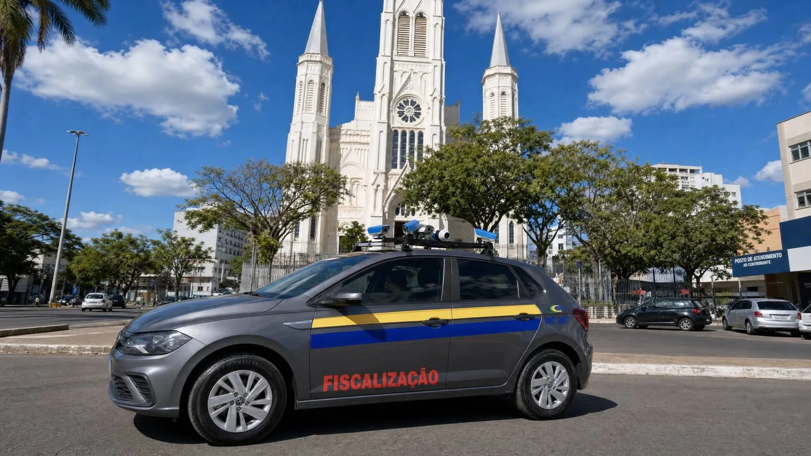 Veículo de fiscalização equipado em operação em uma via urbana