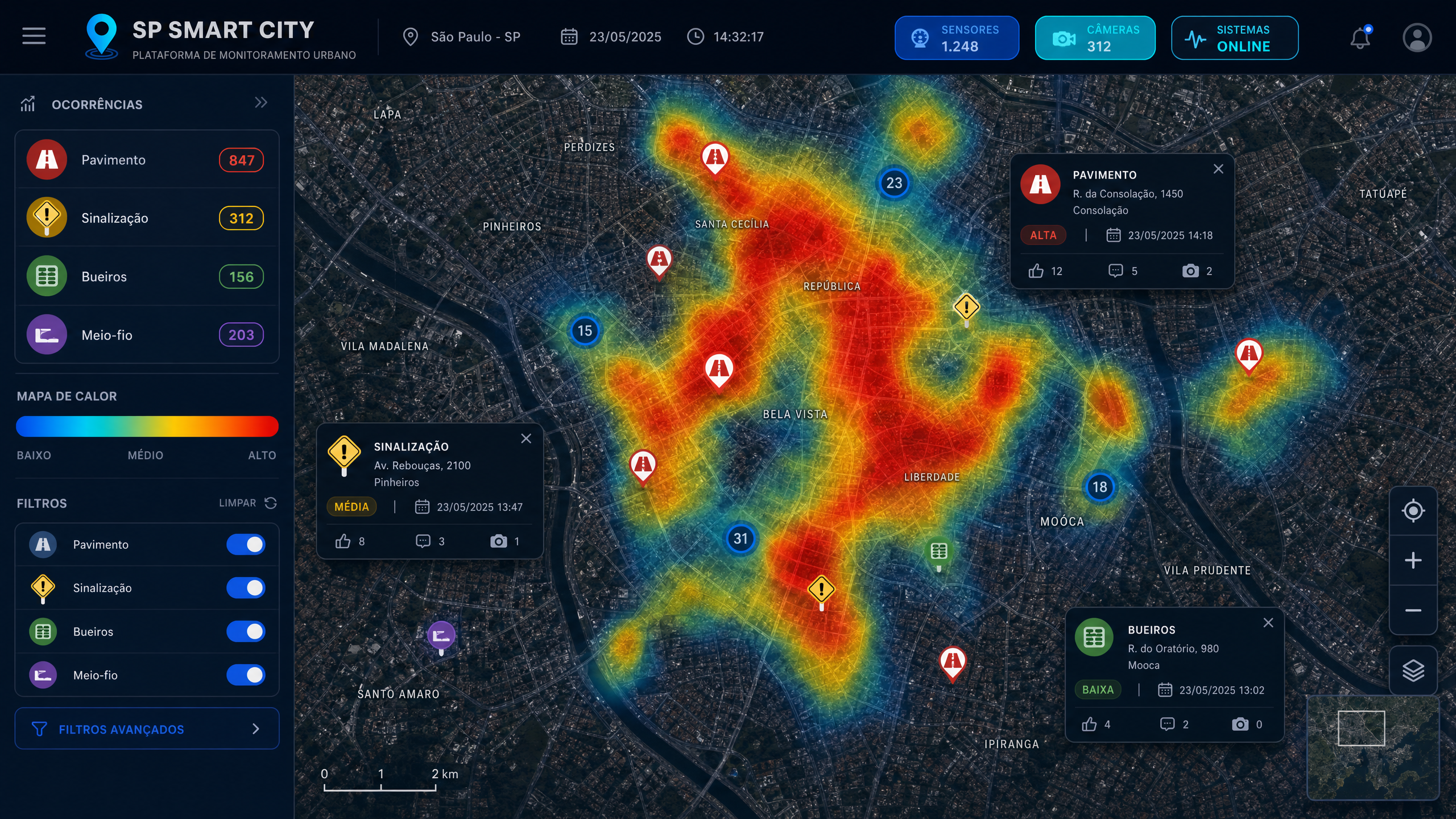 Mapa de calor de ocorrências de zeladoria urbana em São Paulo - plataforma de monitoramento inteligente